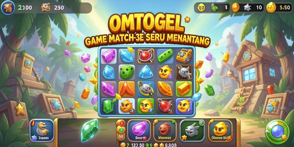 Tampilan gameplay seru dalam OMTOGEL dengan tantangan Match-3.