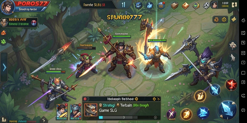 Gambar menampilkan pertempuran strategis dalam gameplay POROS77.