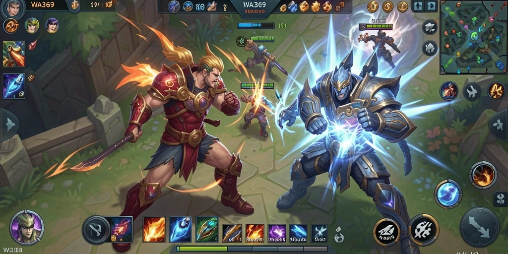 Screenshot dari permainan WA369 yang intens di arena MOBA.
