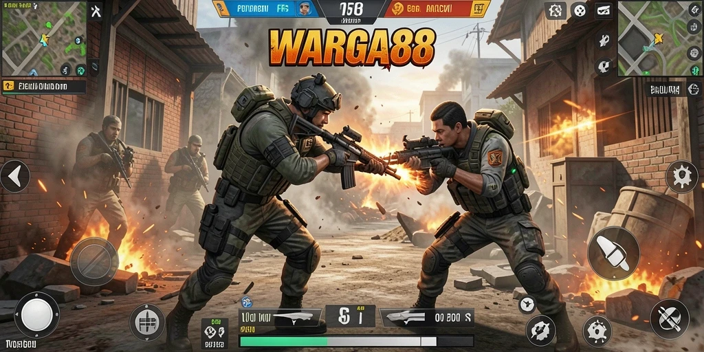 Tangkapan layar utama WARGA88 menampilkan aksi gameplay FPS yang intens.
